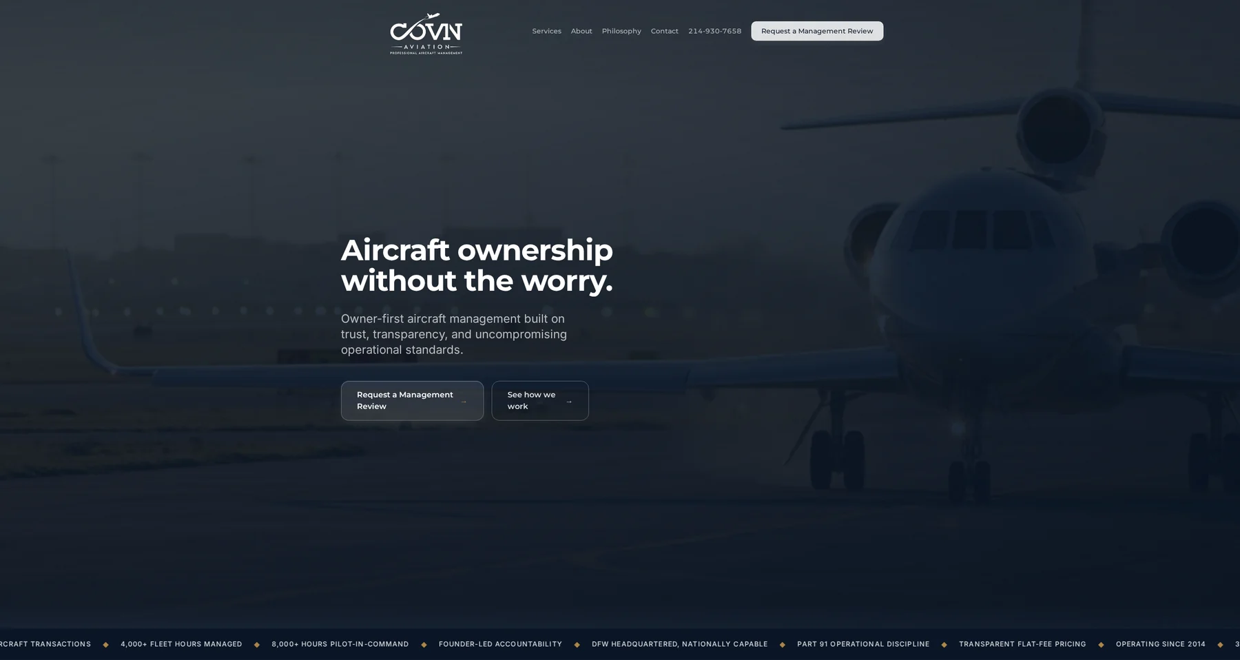 Covin Aviation's live hero: the firm mark, primary navigation, a direct phone number, one management-review action, the headline, and the managed aircraft on the tarmac.
