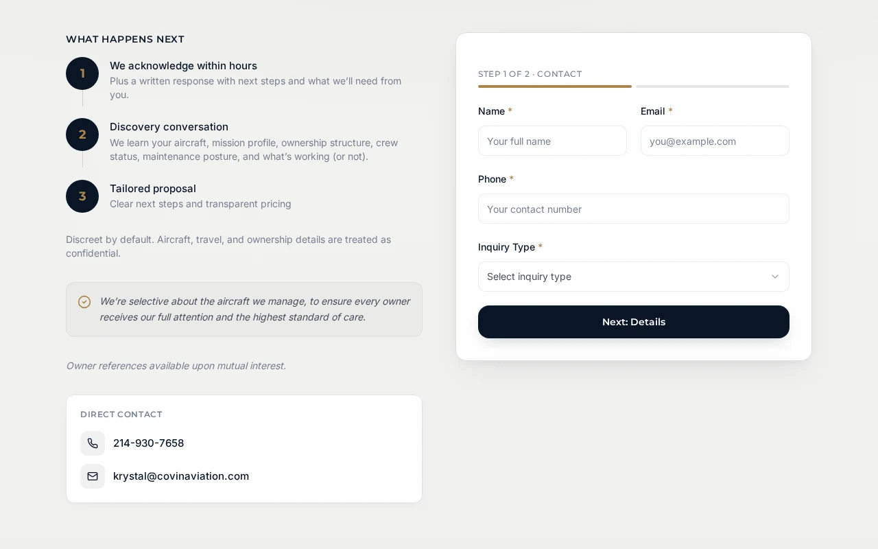 Covin Aviation's closing section on the live site: the what-happens-next steps, the discreet-by-default commitment, direct contact details, and the two-step inquiry form.