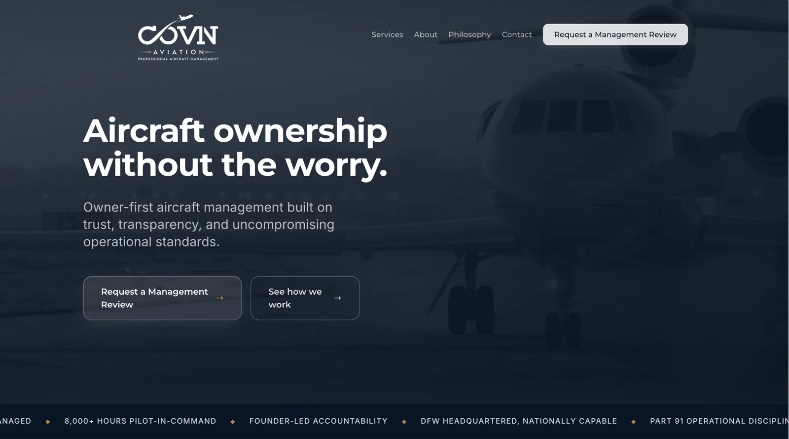 Covin Aviation website home page as shipped, showing the firm's positioning and primary contact action