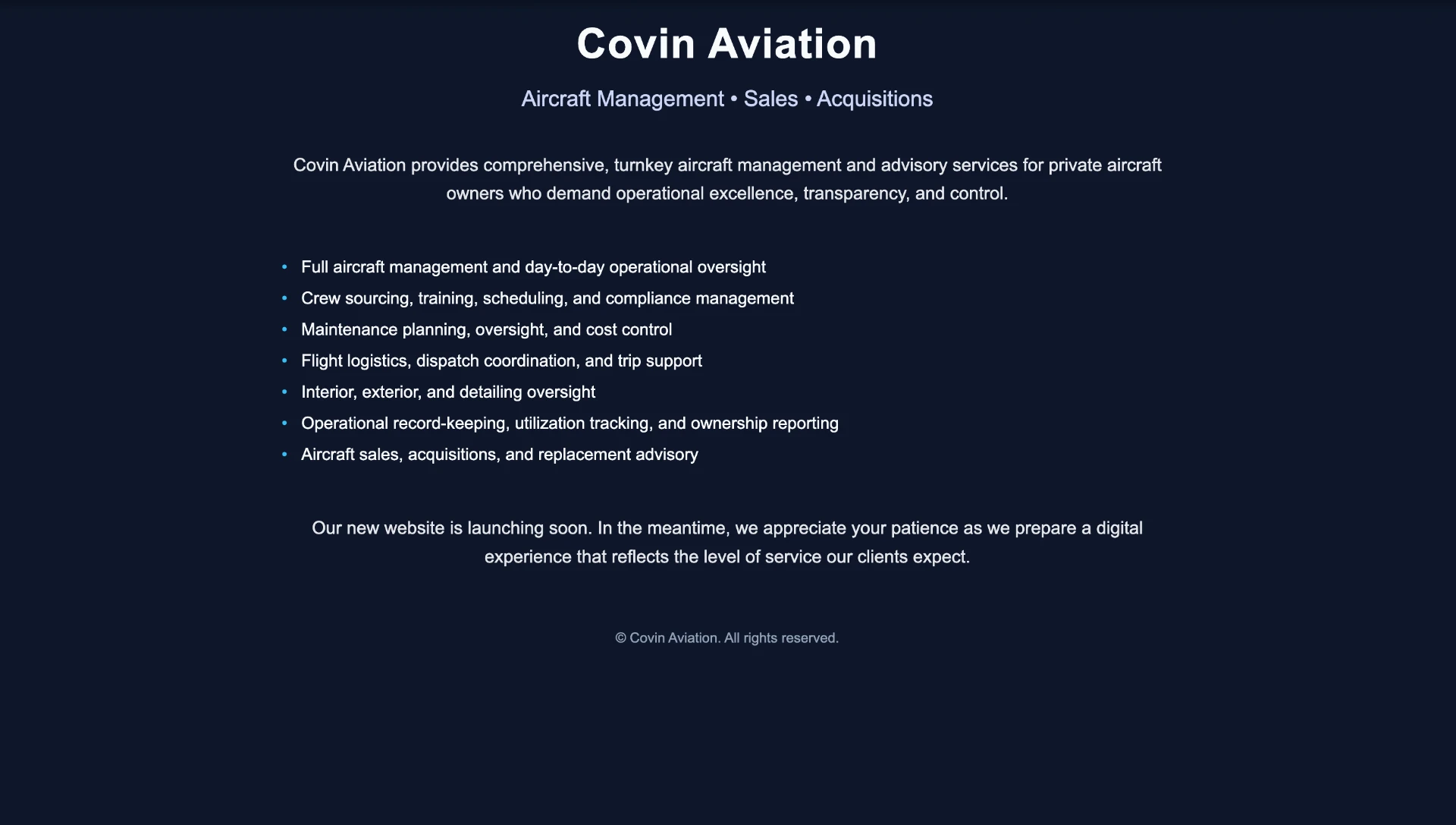 covinaviation.com in January 2026: a plain placeholder page with a heading, a bullet list of services, and a note that a new website is launching soon
